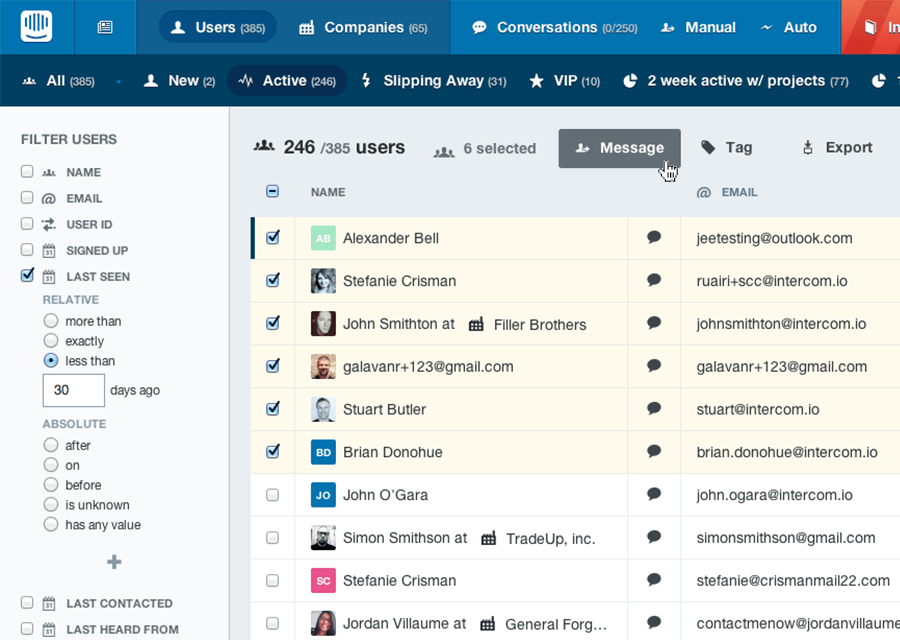 Ejemplo intercom.io