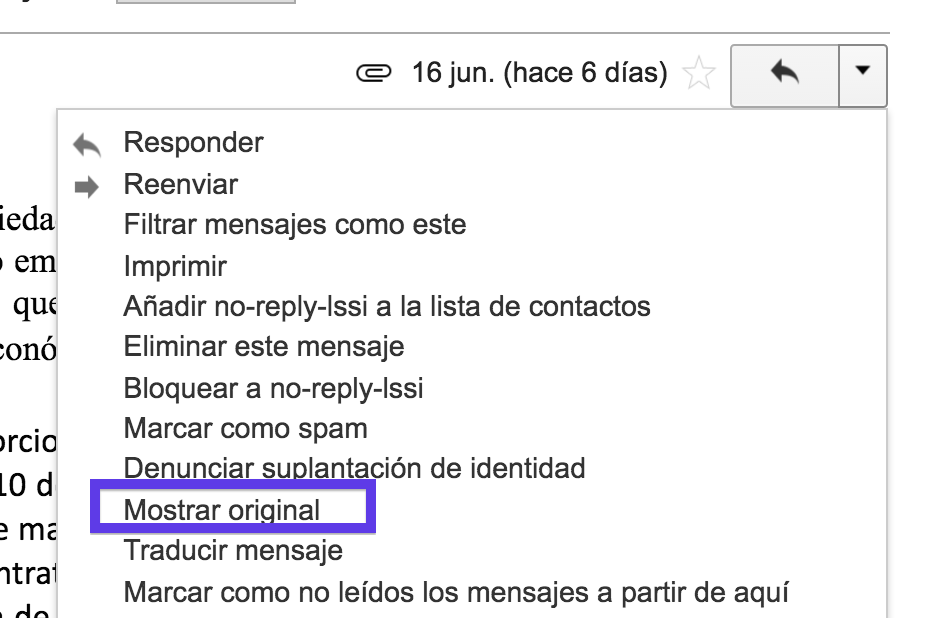 Gmail, mostrar cabecera original